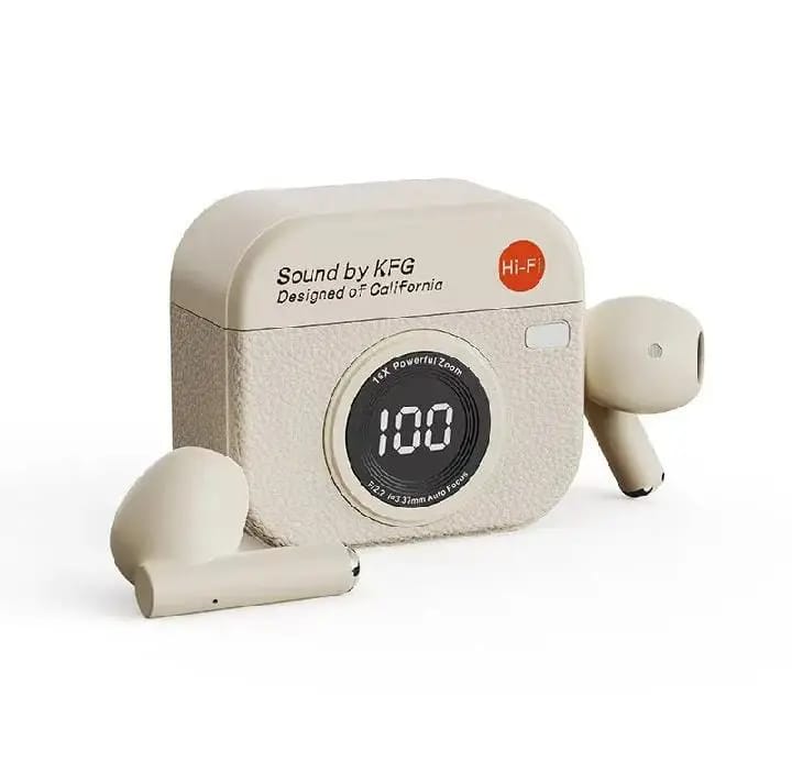 Retro Camera Earbuds - KFG Sound | 100% Battery Display Case - Brown Leather - Type-C