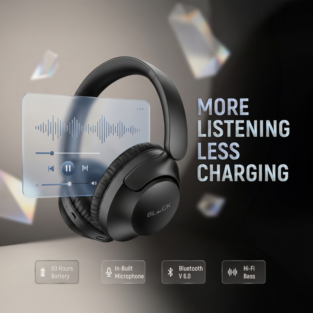 BLACK'S Premium Over-Ear Wireless Headphones - Bluetooth 6.0- Deep Bass- 60H Playtime- Soft Cushion- Type-C Fast Charging- Noise Isolation