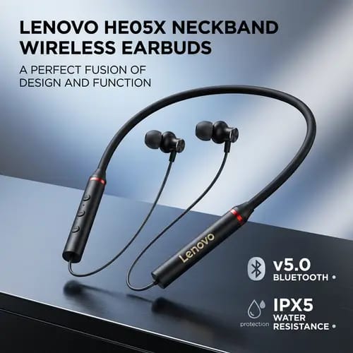 Lenovo HEO5X Neckband Wireless Bluetooth Headphones |SML Eartips |IPX5 Water Resistance |Premium Quality