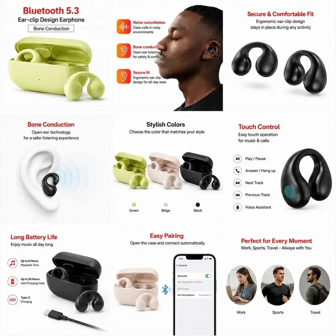 Bluetooth 5.3 open Ear Clip Earbuds - Wireless EarBuds -