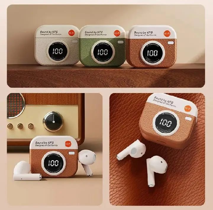 Retro Camera Earbuds - KFG Sound | 100% Battery Display Case - Brown Leather - Type-C