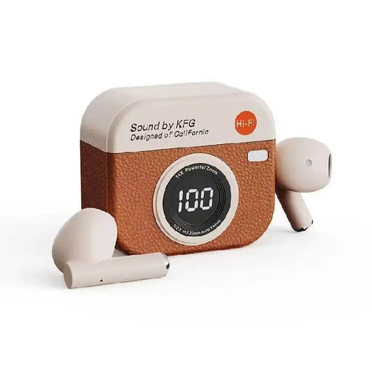 Retro Camera Earbuds - KFG Sound | 100% Battery Display Case - Brown Leather - Type-C