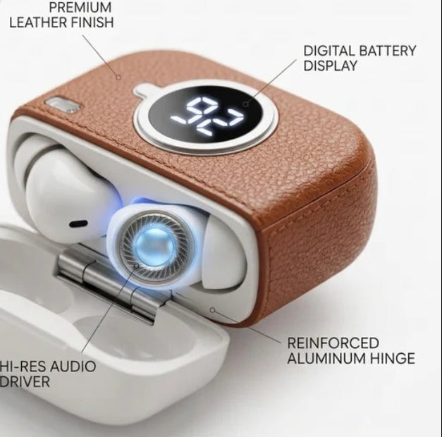 Retro Camera Earbuds - KFG Sound | 100% Battery Display Case - Brown Leather - Type-C