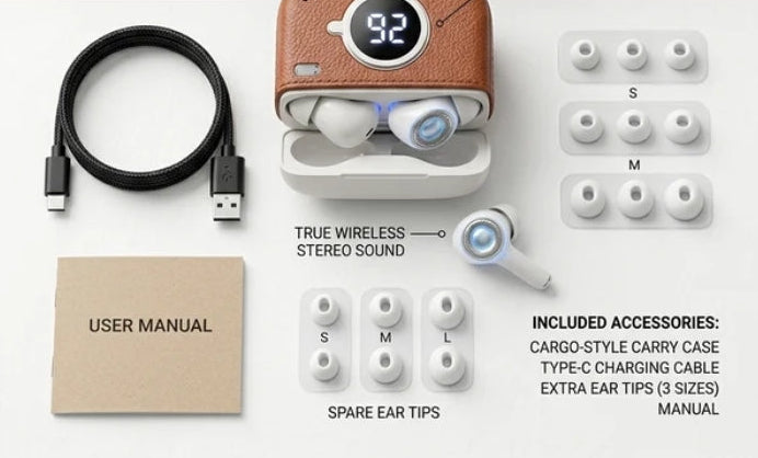 Retro Camera Earbuds - KFG Sound | 100% Battery Display Case - Brown Leather - Type-C