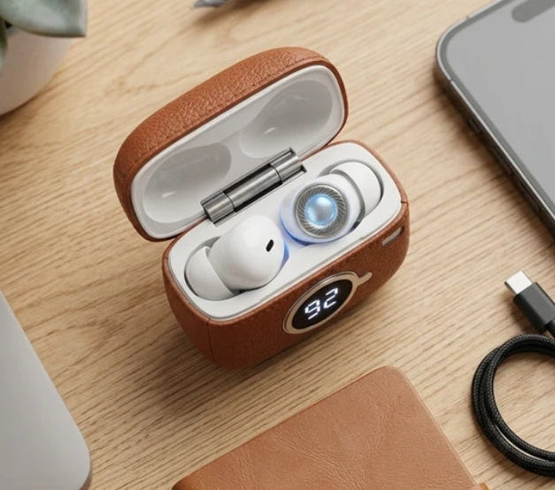Retro Camera Earbuds - KFG Sound | 100% Battery Display Case - Brown Leather - Type-C