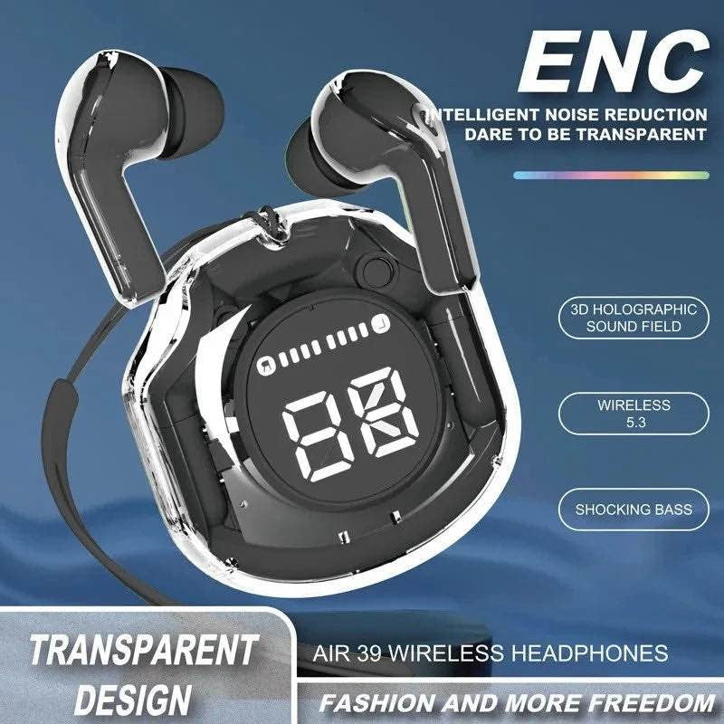 A39 Stereo Wireless Headset | ENC - Transparent Design - Shocking Base