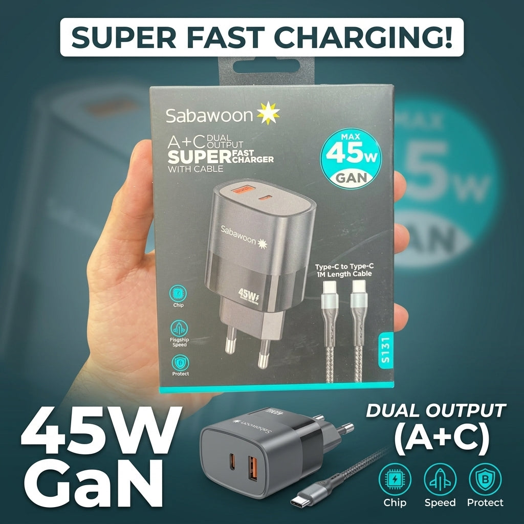 45W GAN Super Fast Charger - Black Variant - Dual Output Cable