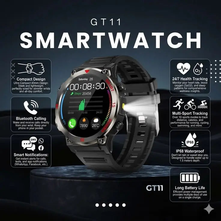 GT11 Smart Watch |Round Dual Rugged Adition |Water Resistant |MIL-STD Build |Premium Stainless Steel |GPS-system