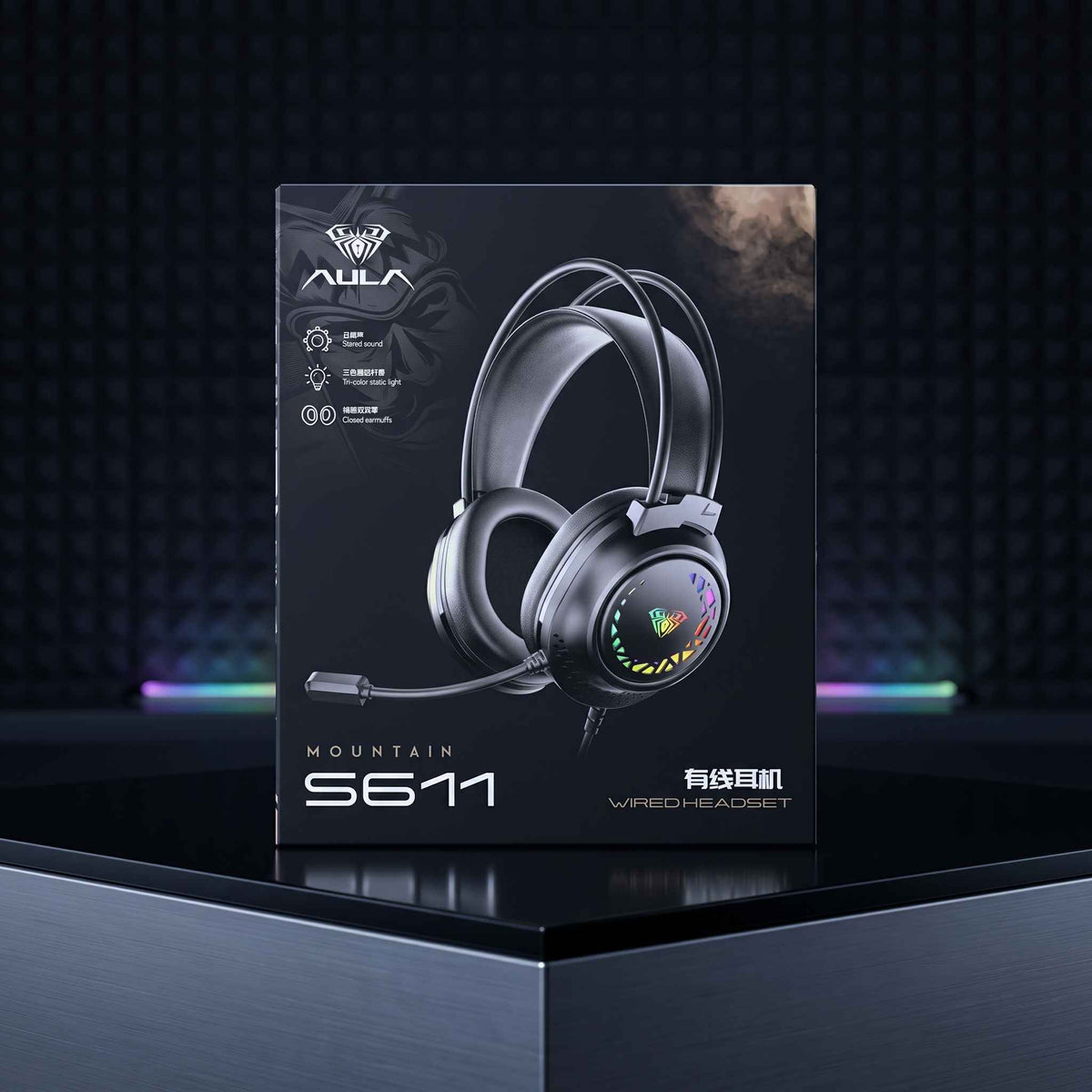AULA Mountain S611 Pro Gaming Headset - RGB Lights - Deep Bass Stereo Sound - Long Gaming Comfort - HD Microphone