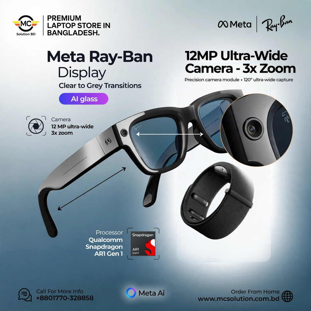 Meta Ai Glasses With 12mp Hidden Camera | Ultra- Wide -3x Zoom |Capturing Photos & Videos - Voice assistant - Hands-Free Calling.