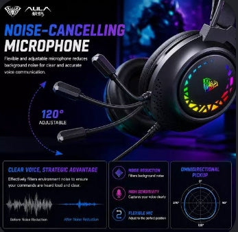 AULA Mountain S611 Pro Gaming Headset - RGB Lights - Deep Bass Stereo Sound - Long Gaming Comfort - HD Microphone