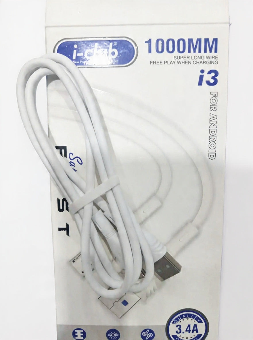 I-Club I3 3.4A Fast Charging Micro Cable |1Meter Long |480Mbps Data Sync |Android Charging Cable